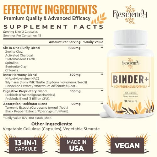 Resciency Detox Binder Supplement – Aktivkohle, Zeolith, Bentonit-Ton, Mariendistel, Proprietäre Mischungen – Leber & Darm, Maximale Absorption, 90 vegane Kapseln