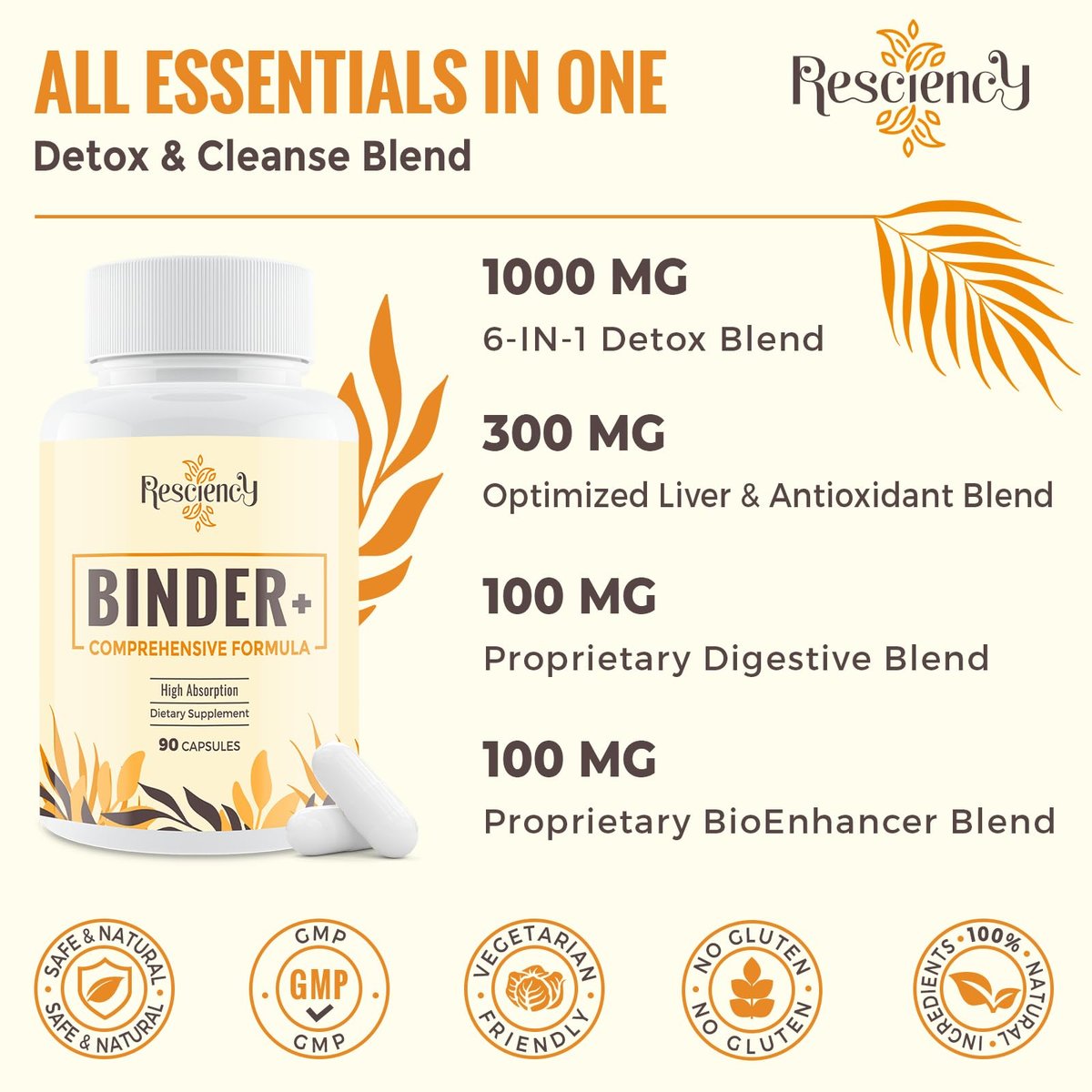 Resciency Detox Binder Supplement – Aktivkohle, Zeolith, Bentonit-Ton, Mariendistel, Proprietäre Mischungen – Leber & Darm, Maximale Absorption, 90 vegane Kapseln