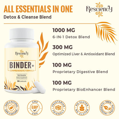Resciency Detox Binder Supplement – Aktivkohle, Zeolith, Bentonit-Ton, Mariendistel, Proprietäre Mischungen – Leber & Darm, Maximale Absorption, 90 vegane Kapseln