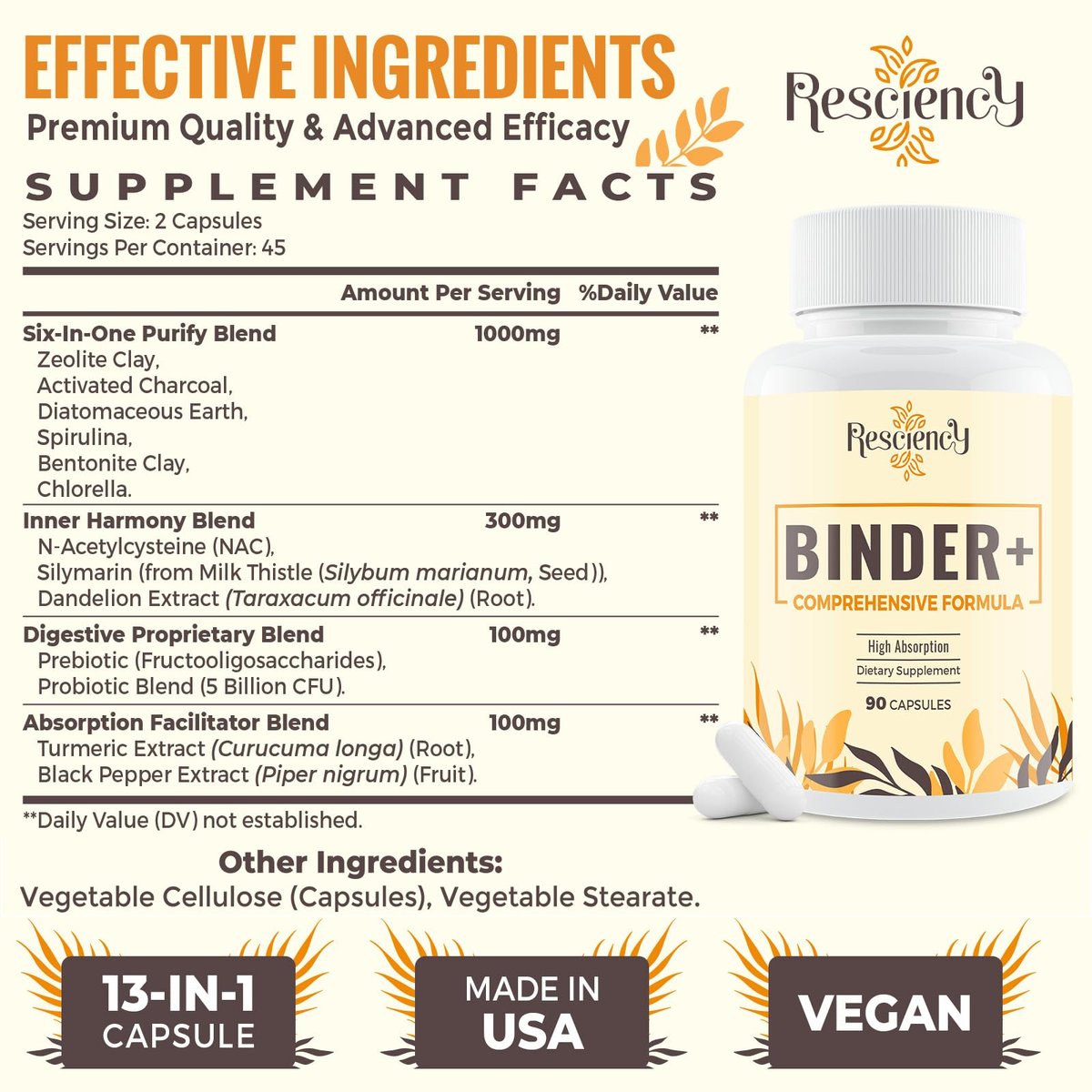 Resciency Detox Binder Supplement – Aktivkohle, Zeolith, Bentonit-Ton, Mariendistel, Proprietäre Mischungen – Leber & Darm, Maximale Absorption, 90 vegane Kapseln