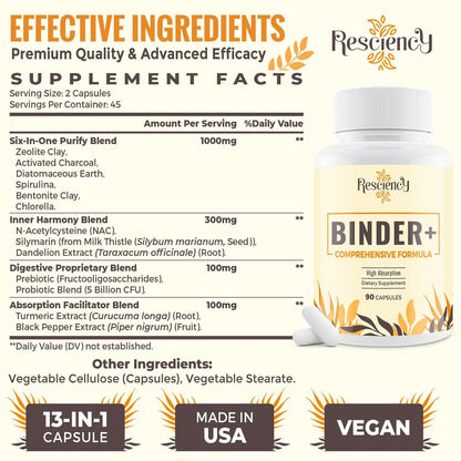 Resciency Detox Binder Supplement – Aktivkohle, Zeolith, Bentonit-Ton, Mariendistel, Proprietäre Mischungen – Leber & Darm, Maximale Absorption, 90 vegane Kapseln
