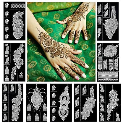 QSTOHENA Wiederverwendbare Henna-Tattoo-Schablonen-Set, Mehendi-Schablonen für Hände und Unterarme, Glitzer-Airbrush-DIY-Tätowierungsschablonen, 9 Blatt indische temporäre Tattoo-Aufkleber für Frauen und Mädchen (8,2 x 4,7 Zoll)