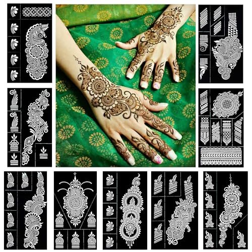QSTOHENA Wiederverwendbare Henna-Tattoo-Schablonen-Set, Mehendi-Schablonen für Hände und Unterarme, Glitzer-Airbrush-DIY-Tätowierungsschablonen, 9 Blatt indische temporäre Tattoo-Aufkleber für Frauen und Mädchen (8,2 x 4,7 Zoll)