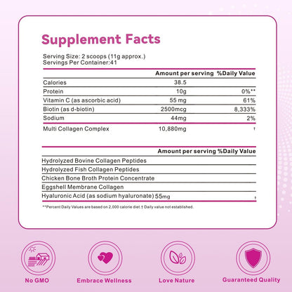 Mclovefy Multi-Kollagen-Peptidpulver, 16 Unzen (41 Portionen) - Proteinergänzung, Typ I, II, III, V, X mit Hyaluronsäure, Vitamin C und Biotin, ungesüßt, leicht in Getränke mischbar