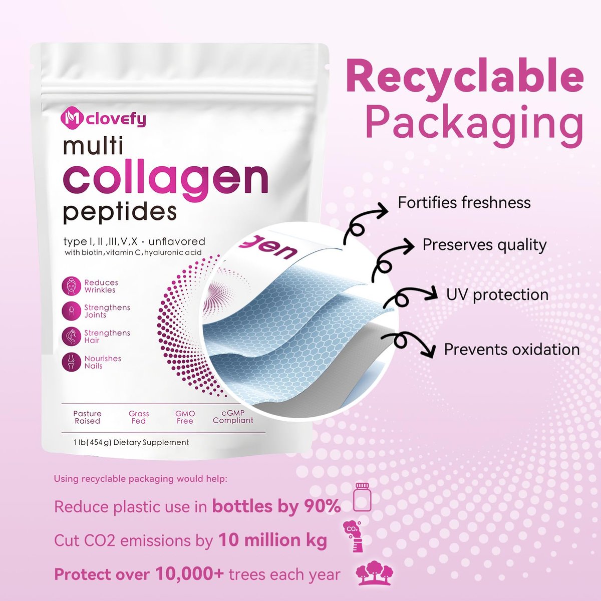 Mclovefy Multi-Kollagen-Peptidpulver, 16 Unzen (41 Portionen) - Proteinergänzung, Typ I, II, III, V, X mit Hyaluronsäure, Vitamin C und Biotin, ungesüßt, leicht in Getränke mischbar
