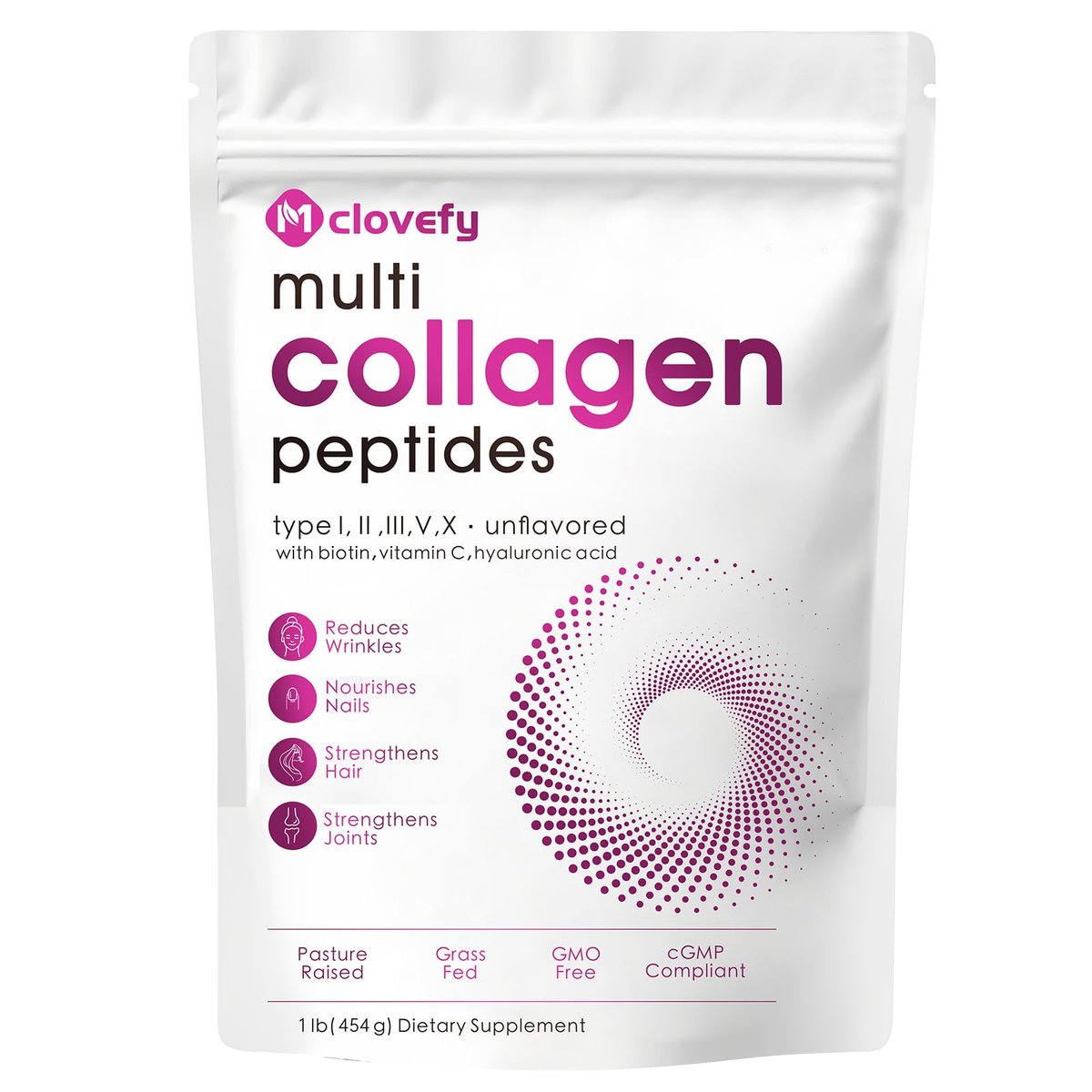Mclovefy Multi-Kollagen-Peptidpulver, 16 Unzen (41 Portionen) - Proteinergänzung, Typ I, II, III, V, X mit Hyaluronsäure, Vitamin C und Biotin, ungesüßt, leicht in Getränke mischbar