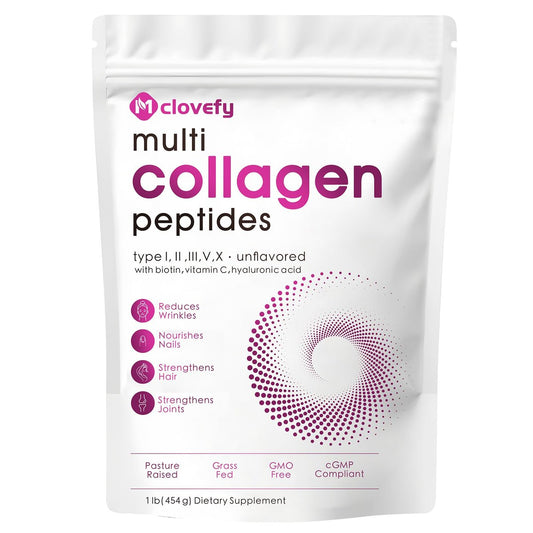 Mclovefy Multi-Kollagen-Peptidpulver, 16 Unzen (41 Portionen) - Proteinergänzung, Typ I, II, III, V, X mit Hyaluronsäure, Vitamin C und Biotin, ungesüßt, leicht in Getränke mischbar