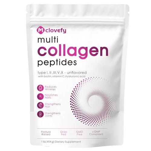 Mclovefy Multi-Kollagen-Peptidpulver, 16 Unzen (41 Portionen) - Proteinergänzung, Typ I, II, III, V, X mit Hyaluronsäure, Vitamin C und Biotin, ungesüßt, leicht in Getränke mischbar