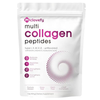 Mclovefy Multi-Kollagen-Peptidpulver, 16 Unzen (41 Portionen) - Proteinergänzung, Typ I, II, III, V, X mit Hyaluronsäure, Vitamin C und Biotin, ungesüßt, leicht in Getränke mischbar