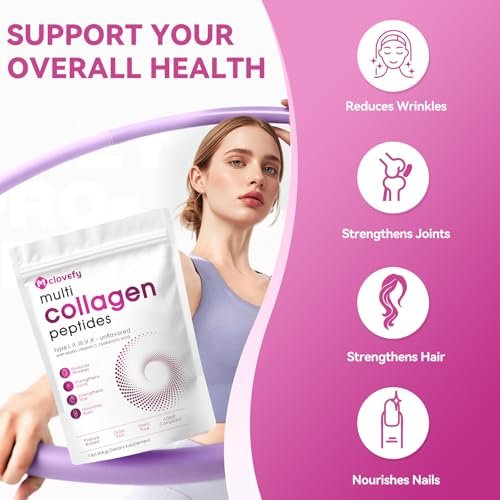 Mclovefy Multi-Kollagen-Peptidpulver, 16 Unzen (41 Portionen) - Proteinergänzung, Typ I, II, III, V, X mit Hyaluronsäure, Vitamin C und Biotin, ungesüßt, leicht in Getränke mischbar
