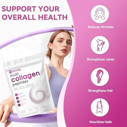 Mclovefy Multi-Kollagen-Peptidpulver, 16 Unzen (41 Portionen) - Proteinergänzung, Typ I, II, III, V, X mit Hyaluronsäure, Vitamin C und Biotin, ungesüßt, leicht in Getränke mischbar