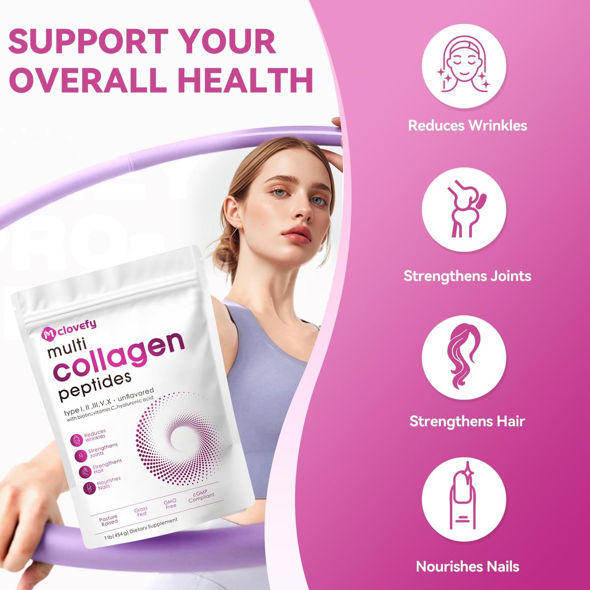 Mclovefy Multi-Kollagen-Peptidpulver, 16 Unzen (41 Portionen) - Proteinergänzung, Typ I, II, III, V, X mit Hyaluronsäure, Vitamin C und Biotin, ungesüßt, leicht in Getränke mischbar
