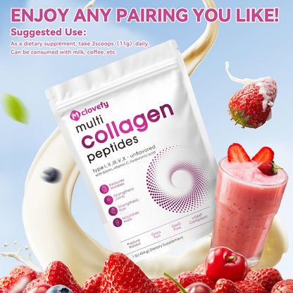 Mclovefy Multi-Kollagen-Peptidpulver, 16 Unzen (41 Portionen) - Proteinergänzung, Typ I, II, III, V, X mit Hyaluronsäure, Vitamin C und Biotin, ungesüßt, leicht in Getränke mischbar