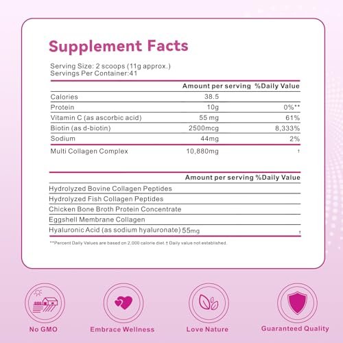 Mclovefy Multi-Kollagen-Peptidpulver, 16 Unzen (41 Portionen) - Proteinergänzung, Typ I, II, III, V, X mit Hyaluronsäure, Vitamin C und Biotin, ungesüßt, leicht in Getränke mischbar