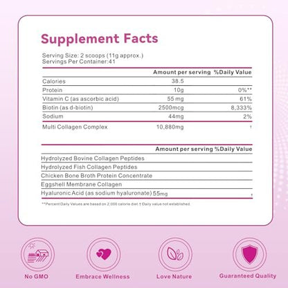 Mclovefy Multi-Kollagen-Peptidpulver, 16 Unzen (41 Portionen) - Proteinergänzung, Typ I, II, III, V, X mit Hyaluronsäure, Vitamin C und Biotin, ungesüßt, leicht in Getränke mischbar