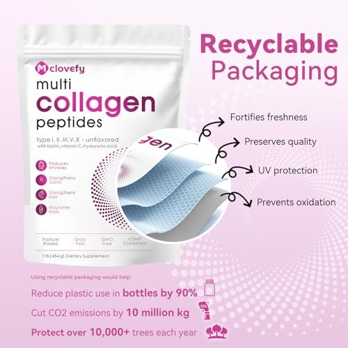 Mclovefy Multi-Kollagen-Peptidpulver, 16 Unzen (41 Portionen) - Proteinergänzung, Typ I, II, III, V, X mit Hyaluronsäure, Vitamin C und Biotin, ungesüßt, leicht in Getränke mischbar