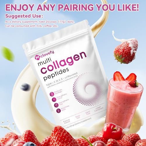 Mclovefy Multi-Kollagen-Peptidpulver, 16 Unzen (41 Portionen) - Proteinergänzung, Typ I, II, III, V, X mit Hyaluronsäure, Vitamin C und Biotin, ungesüßt, leicht in Getränke mischbar