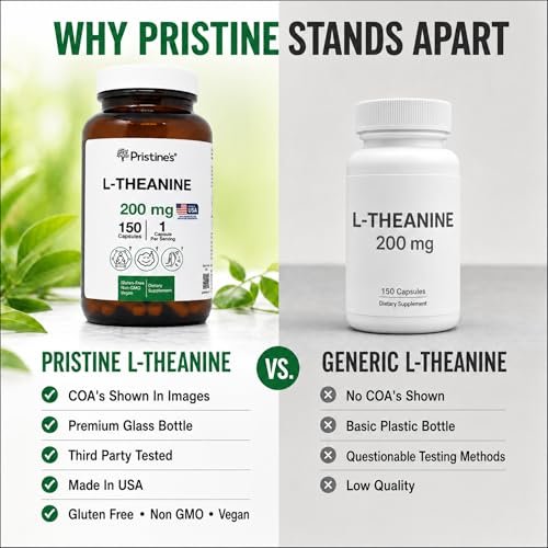 PRISTINE'S L-Theanin 200mg Kapseln – 3. Partei getestet, Non-GMO, 150-Tage-Vorrat – Unterstützung für Entspannung und Schlafqualität – Vegan, in cGMP-Einrichtung hergestellt, glutenfrei, Glasflaschen