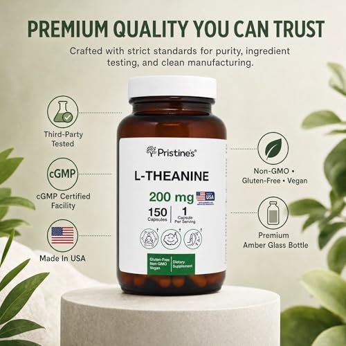 PRISTINE'S L-Theanin 200mg Kapseln – 3. Partei getestet, Non-GMO, 150-Tage-Vorrat – Unterstützung für Entspannung und Schlafqualität – Vegan, in cGMP-Einrichtung hergestellt, glutenfrei, Glasflaschen