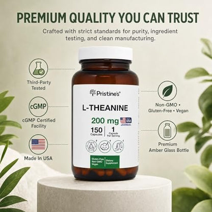 PRISTINE'S L-Theanin 200mg Kapseln – 3. Partei getestet, Non-GMO, 150-Tage-Vorrat – Unterstützung für Entspannung und Schlafqualität – Vegan, in cGMP-Einrichtung hergestellt, glutenfrei, Glasflaschen