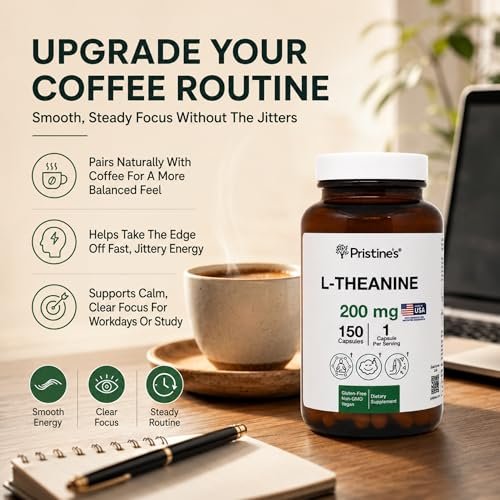 PRISTINE'S L-Theanin 200mg Kapseln – 3. Partei getestet, Non-GMO, 150-Tage-Vorrat – Unterstützung für Entspannung und Schlafqualität – Vegan, in cGMP-Einrichtung hergestellt, glutenfrei, Glasflaschen