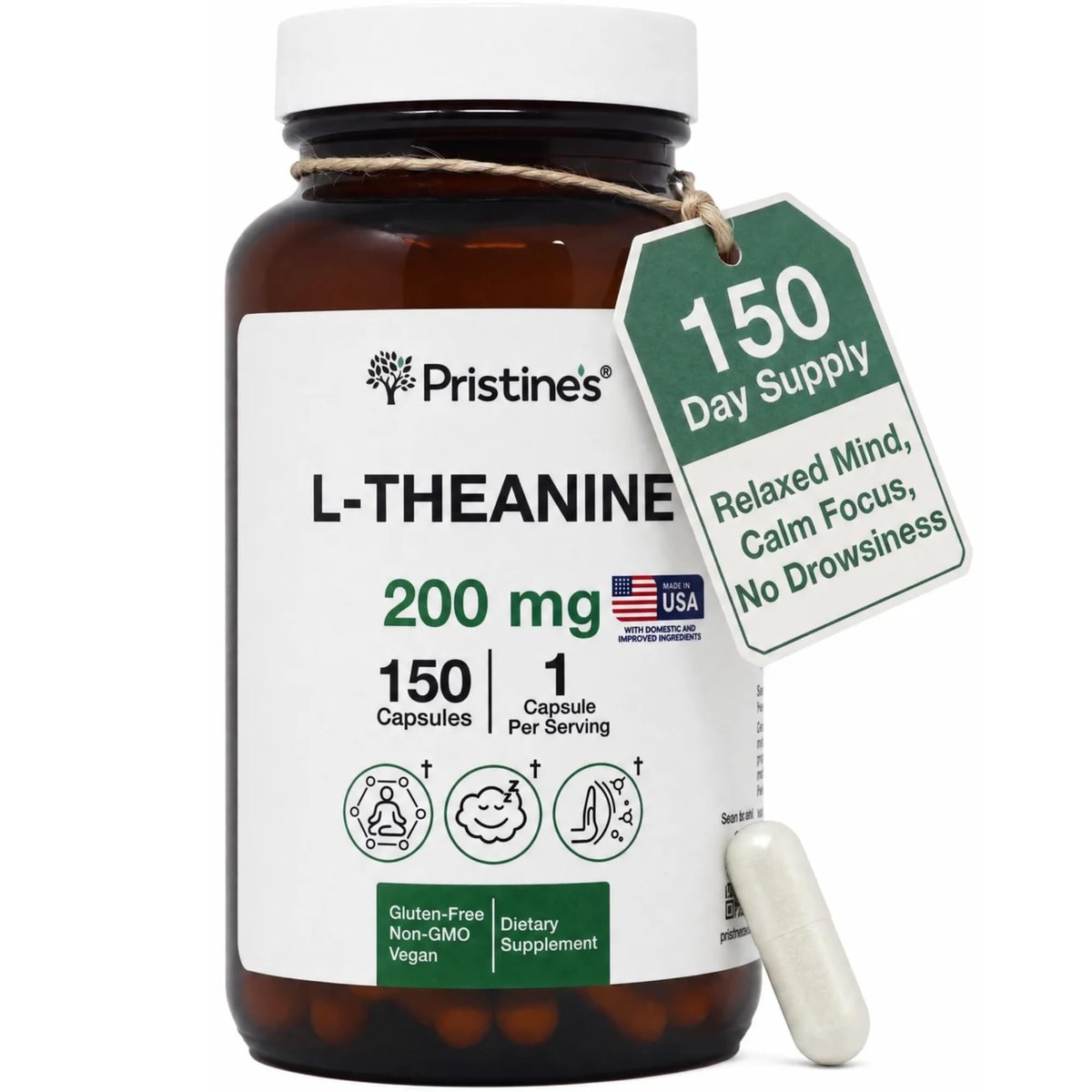 PRISTINE'S L-Theanin 200mg Kapseln – 3. Partei getestet, Non-GMO, 150-Tage-Vorrat – Unterstützung für Entspannung und Schlafqualität – Vegan, in cGMP-Einrichtung hergestellt, glutenfrei, Glasflaschen
