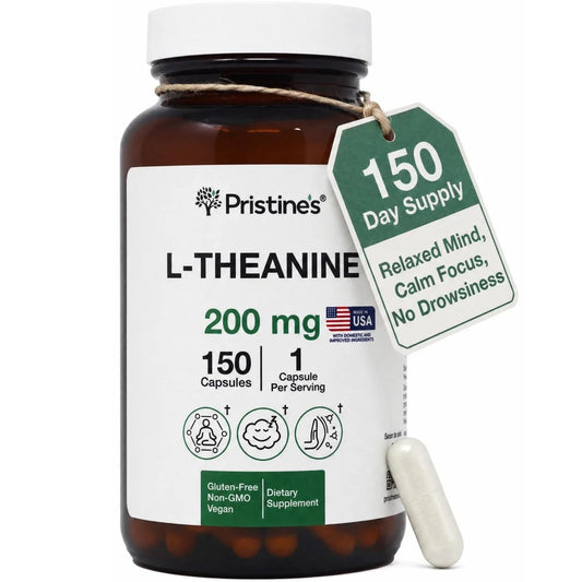 PRISTINE'S L-Theanin 200mg Kapseln – 3. Partei getestet, Non-GMO, 150-Tage-Vorrat – Unterstützung für Entspannung und Schlafqualität – Vegan, in cGMP-Einrichtung hergestellt, glutenfrei, Glasflaschen