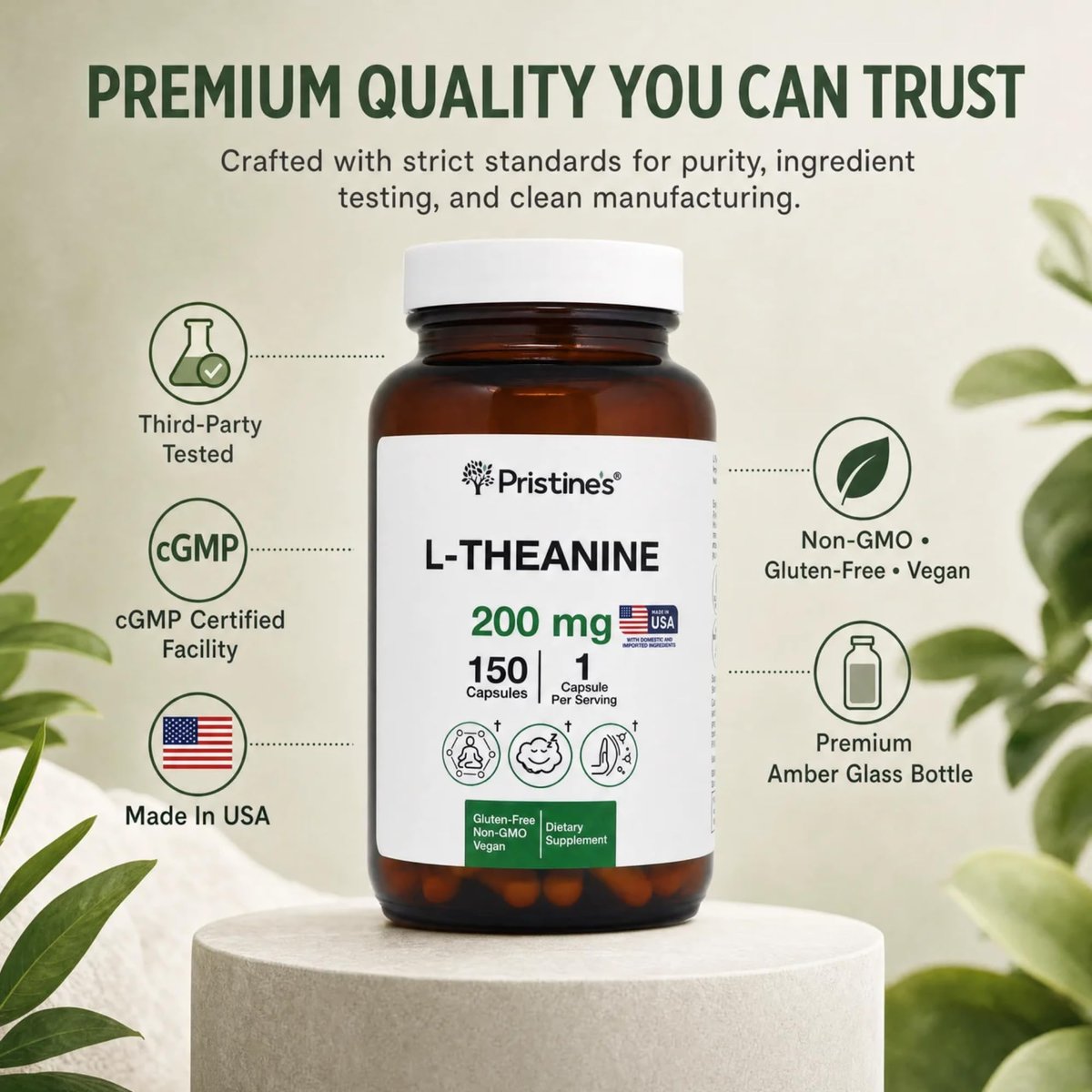 PRISTINE'S L-Theanin 200mg Kapseln – 3. Partei getestet, Non-GMO, 150-Tage-Vorrat – Unterstützung für Entspannung und Schlafqualität – Vegan, in cGMP-Einrichtung hergestellt, glutenfrei, Glasflaschen