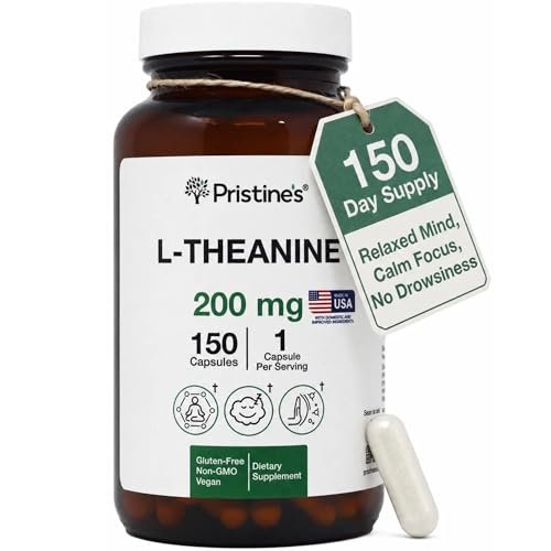 PRISTINE'S L-Theanin 200mg Kapseln – 3. Partei getestet, Non-GMO, 150-Tage-Vorrat – Unterstützung für Entspannung und Schlafqualität – Vegan, in cGMP-Einrichtung hergestellt, glutenfrei, Glasflaschen