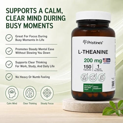 PRISTINE'S L-Theanin 200mg Kapseln – 3. Partei getestet, Non-GMO, 150-Tage-Vorrat – Unterstützung für Entspannung und Schlafqualität – Vegan, in cGMP-Einrichtung hergestellt, glutenfrei, Glasflaschen