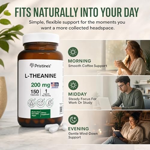 PRISTINE'S L-Theanin 200mg Kapseln – 3. Partei getestet, Non-GMO, 150-Tage-Vorrat – Unterstützung für Entspannung und Schlafqualität – Vegan, in cGMP-Einrichtung hergestellt, glutenfrei, Glasflaschen