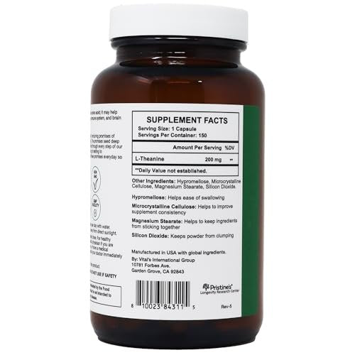 PRISTINE'S L-Theanin 200mg Kapseln – 3. Partei getestet, Non-GMO, 150-Tage-Vorrat – Unterstützung für Entspannung und Schlafqualität – Vegan, in cGMP-Einrichtung hergestellt, glutenfrei, Glasflaschen