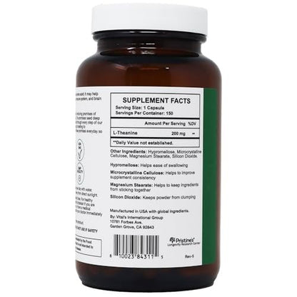 PRISTINE'S L-Theanin 200mg Kapseln – 3. Partei getestet, Non-GMO, 150-Tage-Vorrat – Unterstützung für Entspannung und Schlafqualität – Vegan, in cGMP-Einrichtung hergestellt, glutenfrei, Glasflaschen
