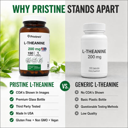 PRISTINE'S L-Theanin 200mg Kapseln – 3. Partei getestet, Non-GMO, 150-Tage-Vorrat – Unterstützung für Entspannung und Schlafqualität – Vegan, in cGMP-Einrichtung hergestellt, glutenfrei, Glasflaschen