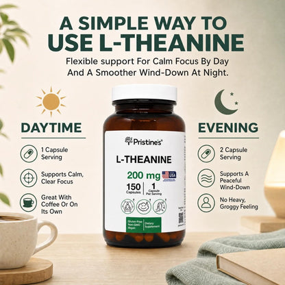 PRISTINE'S L-Theanin 200mg Kapseln – 3. Partei getestet, Non-GMO, 150-Tage-Vorrat – Unterstützung für Entspannung und Schlafqualität – Vegan, in cGMP-Einrichtung hergestellt, glutenfrei, Glasflaschen