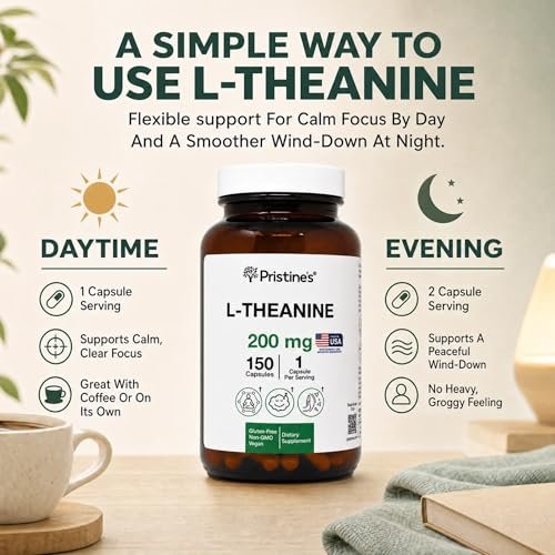 PRISTINE'S L-Theanin 200mg Kapseln – 3. Partei getestet, Non-GMO, 150-Tage-Vorrat – Unterstützung für Entspannung und Schlafqualität – Vegan, in cGMP-Einrichtung hergestellt, glutenfrei, Glasflaschen