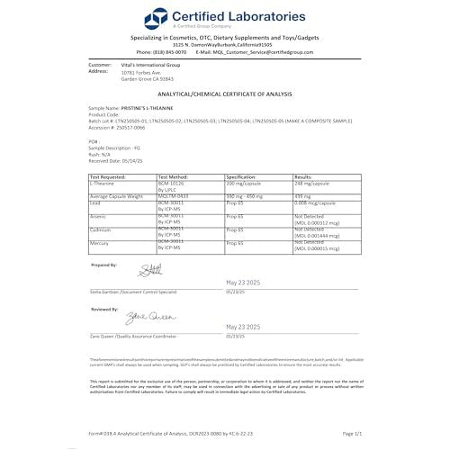 PRISTINE'S L-Theanin 200mg Kapseln – 3. Partei getestet, Non-GMO, 150-Tage-Vorrat – Unterstützung für Entspannung und Schlafqualität – Vegan, in cGMP-Einrichtung hergestellt, glutenfrei, Glasflaschen