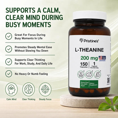 PRISTINE'S L-Theanin 200mg Kapseln – 3. Partei getestet, Non-GMO, 150-Tage-Vorrat – Unterstützung für Entspannung und Schlafqualität – Vegan, in cGMP-Einrichtung hergestellt, glutenfrei, Glasflaschen