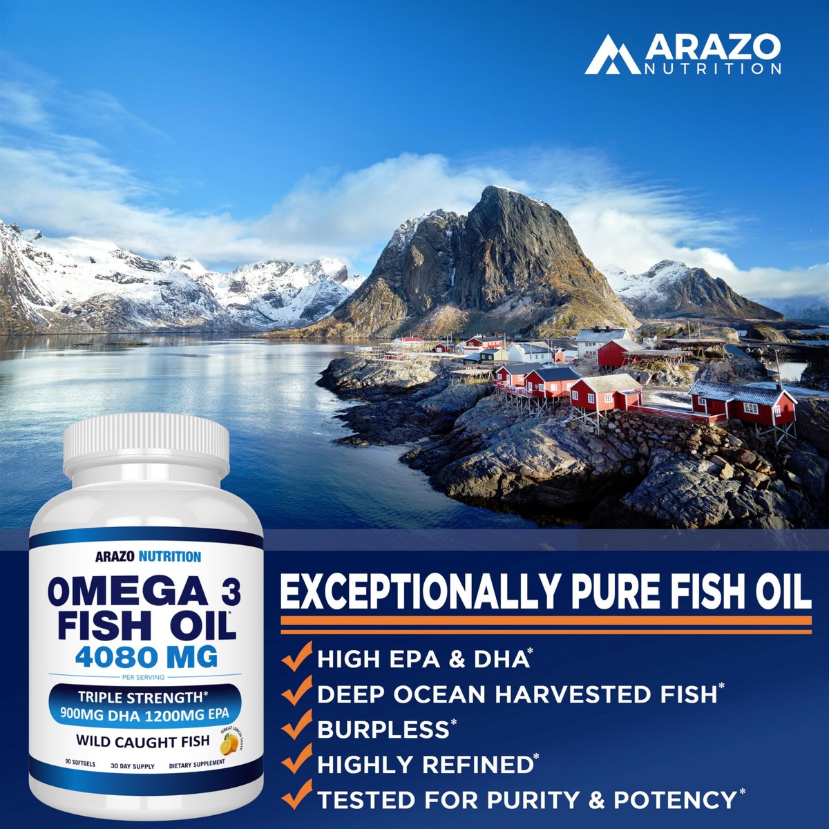 Arazo Nutrition Wild Caught Omega-3 Fischöl Konzentrat – 4.080 mg pro Portion – Hoher EPA 1200 mg & DHA 900 mg – 90 geschmacksneutrale Lemon Softgels
