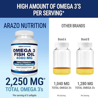 Arazo Nutrition Wild Caught Omega-3 Fischöl Konzentrat – 4.080 mg pro Portion – Hoher EPA 1200 mg & DHA 900 mg – 90 geschmacksneutrale Lemon Softgels