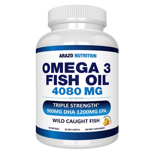 Arazo Nutrition Wild Caught Omega-3 Fischöl Konzentrat – 4.080 mg pro Portion – Hoher EPA 1200 mg & DHA 900 mg – 90 geschmacksneutrale Lemon Softgels