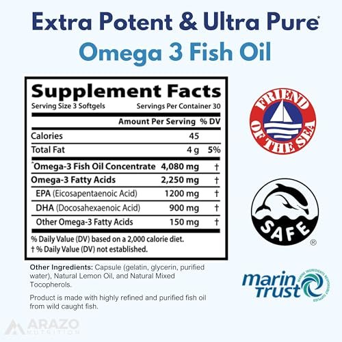 Arazo Nutrition Wild Caught Omega-3 Fischöl Konzentrat – 4.080 mg pro Portion – Hoher EPA 1200 mg & DHA 900 mg – 90 geschmacksneutrale Lemon Softgels