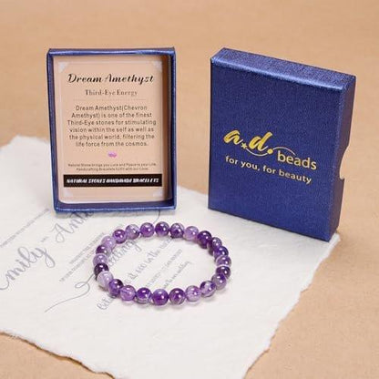 AD Beads Handgefertigtes Edelstein-Armband mit Dehnband – Kristall-Reiki, Natürliche Schönheit und Spirituelle Essenz, Unisex (4 mm, Traum-Amethyst – Drittes-Auge-Energie)