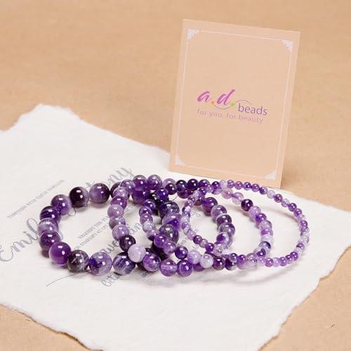 AD Beads Handgefertigtes Edelstein-Armband mit Dehnband – Kristall-Reiki, Natürliche Schönheit und Spirituelle Essenz, Unisex (4 mm, Traum-Amethyst – Drittes-Auge-Energie)
