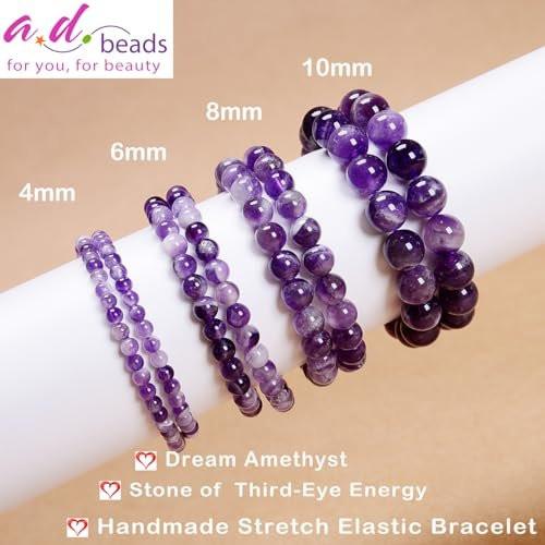 AD Beads Handgefertigtes Edelstein-Armband mit Dehnband – Kristall-Reiki, Natürliche Schönheit und Spirituelle Essenz, Unisex (4 mm, Traum-Amethyst – Drittes-Auge-Energie)