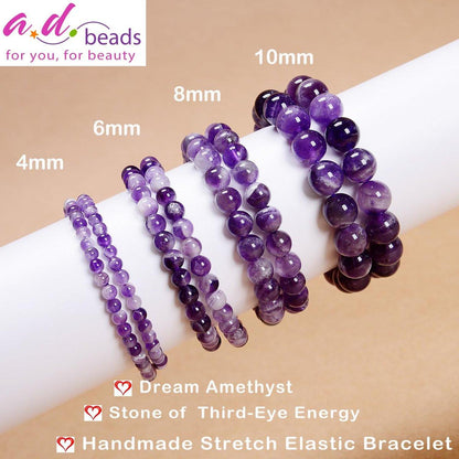 AD Beads Handgefertigtes Edelstein-Armband mit Dehnband – Kristall-Reiki, Natürliche Schönheit und Spirituelle Essenz, Unisex (4 mm, Traum-Amethyst – Drittes-Auge-Energie)
