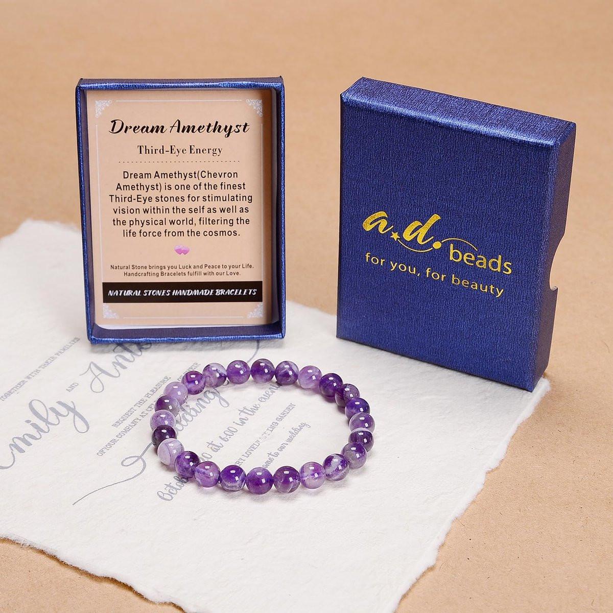 AD Beads Handgefertigtes Edelstein-Armband mit Dehnband – Kristall-Reiki, Natürliche Schönheit und Spirituelle Essenz, Unisex (4 mm, Traum-Amethyst – Drittes-Auge-Energie)