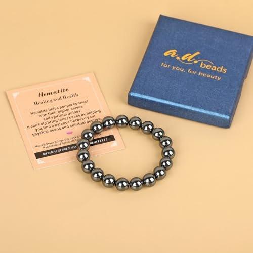 AD Beads Handgefertigtes Edelstein-Armband aus Hämatit – Dehnbares Reiki-Armband für Heilung und spirituelle Essenz (4 mm, Unisex)