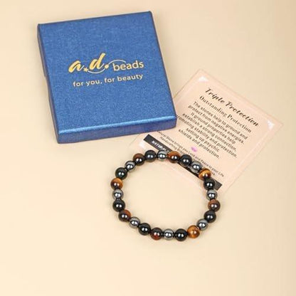 AD Beads Handgefertigtes Edelstein-Armband mit Dehnbarem Gummiband, Kristallheilung Reiki, Natürliche Schönheit und Spirituelle Essenz Unisex (4mm, Dreifacher Schutz (Starker Schutz))