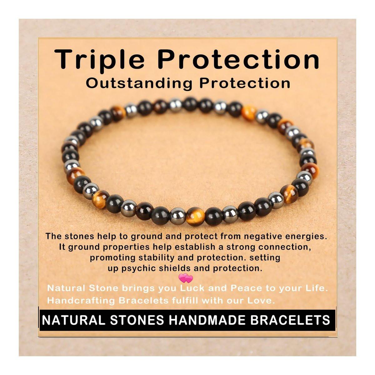 AD Beads Handgefertigtes Edelstein-Armband mit Dehnbarem Gummiband, Kristallheilung Reiki, Natürliche Schönheit und Spirituelle Essenz Unisex (4mm, Dreifacher Schutz (Starker Schutz))